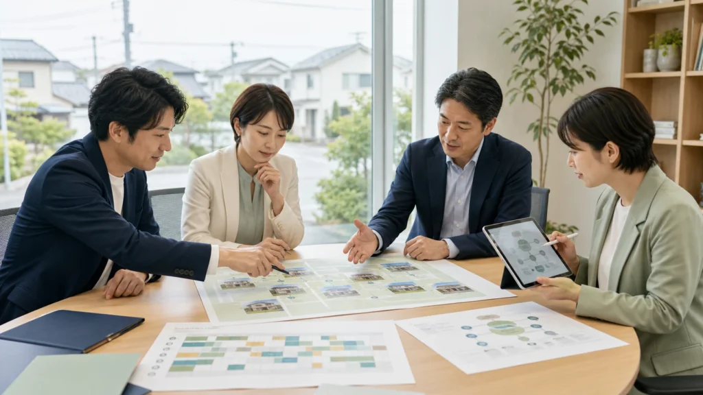 住宅の資料とタブレットを囲んで話す4人の説明用イメージ
