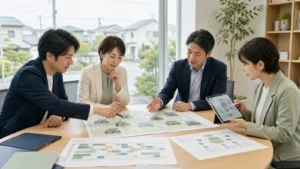 住宅の資料とタブレットを囲んで話す4人の説明用イメージ