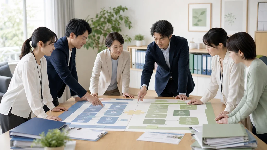 机に広げた2色の図を囲んで話す6人の説明用イメージ