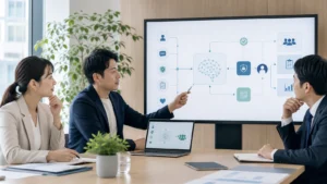 三人が画面のデータ連携図を確認する説明用イメージ