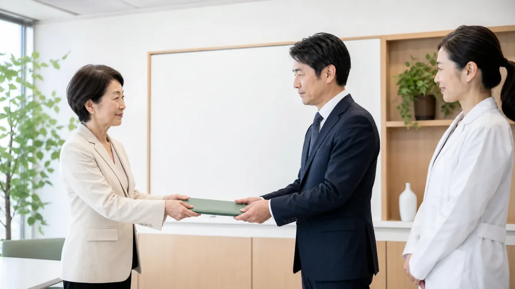 書類を受け渡す男女と同席者の説明用イメージ