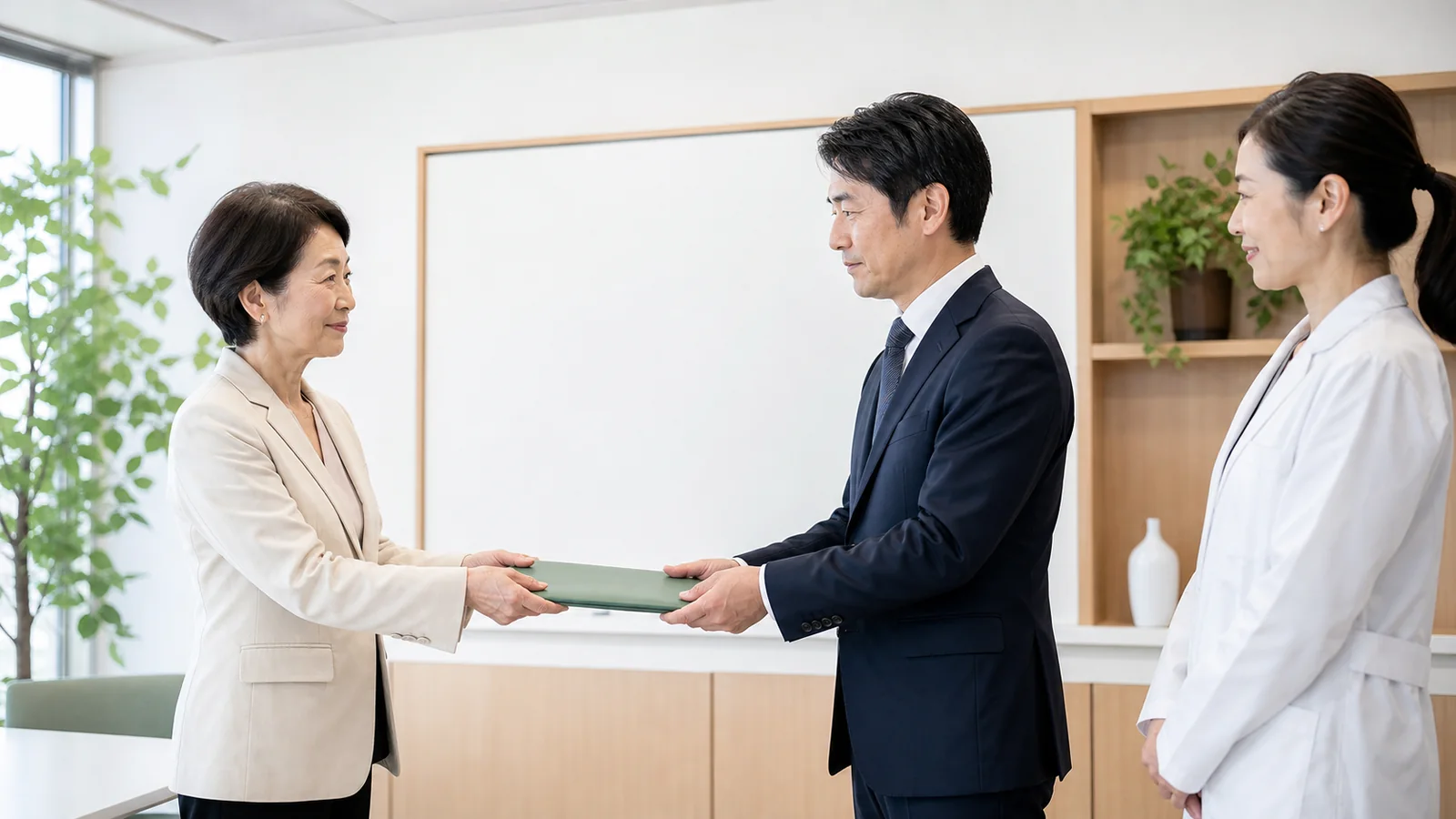 書類を受け渡す男女と同席者の説明用イメージ