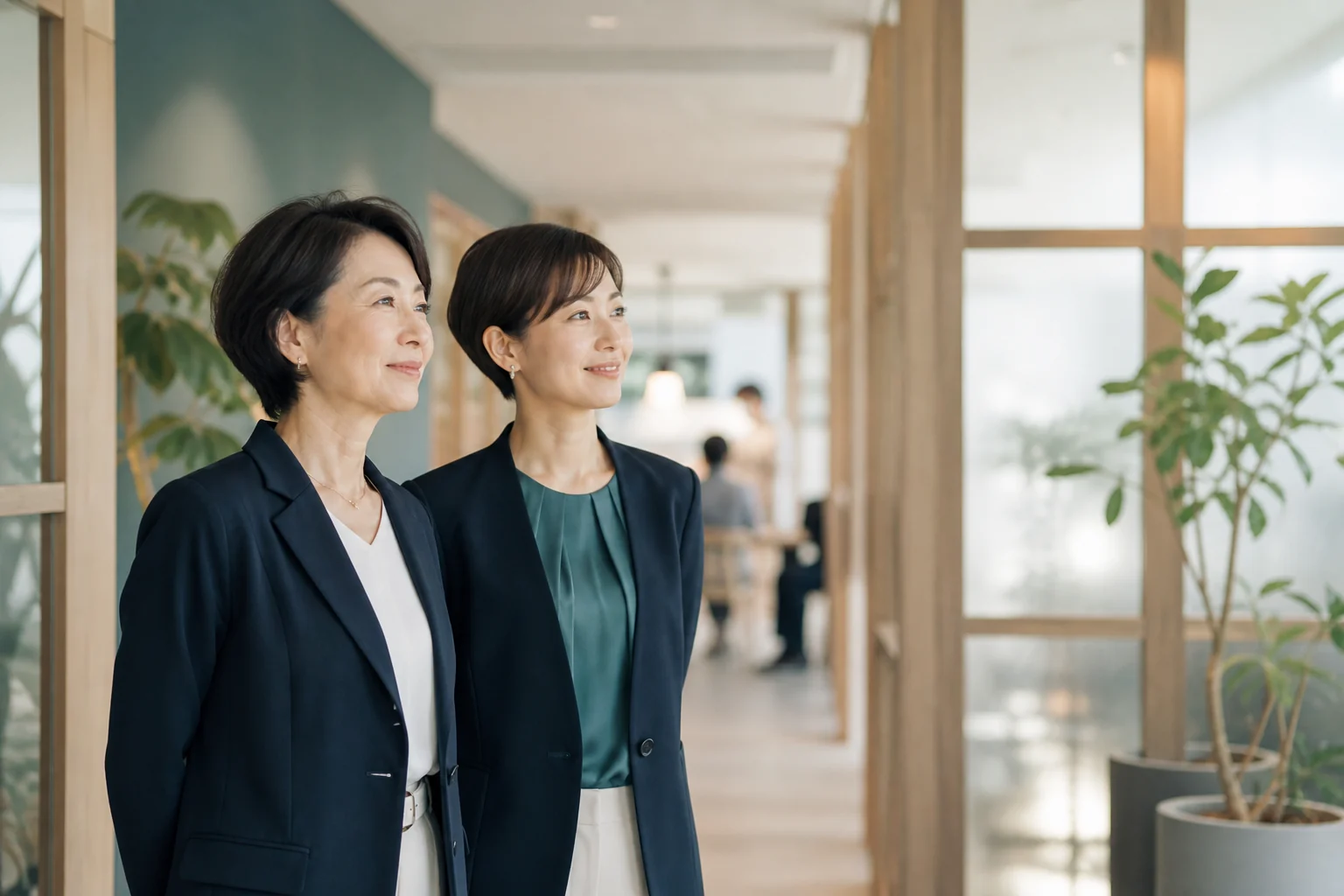 明るい廊下で前を見つめる2人の女性のイメージ