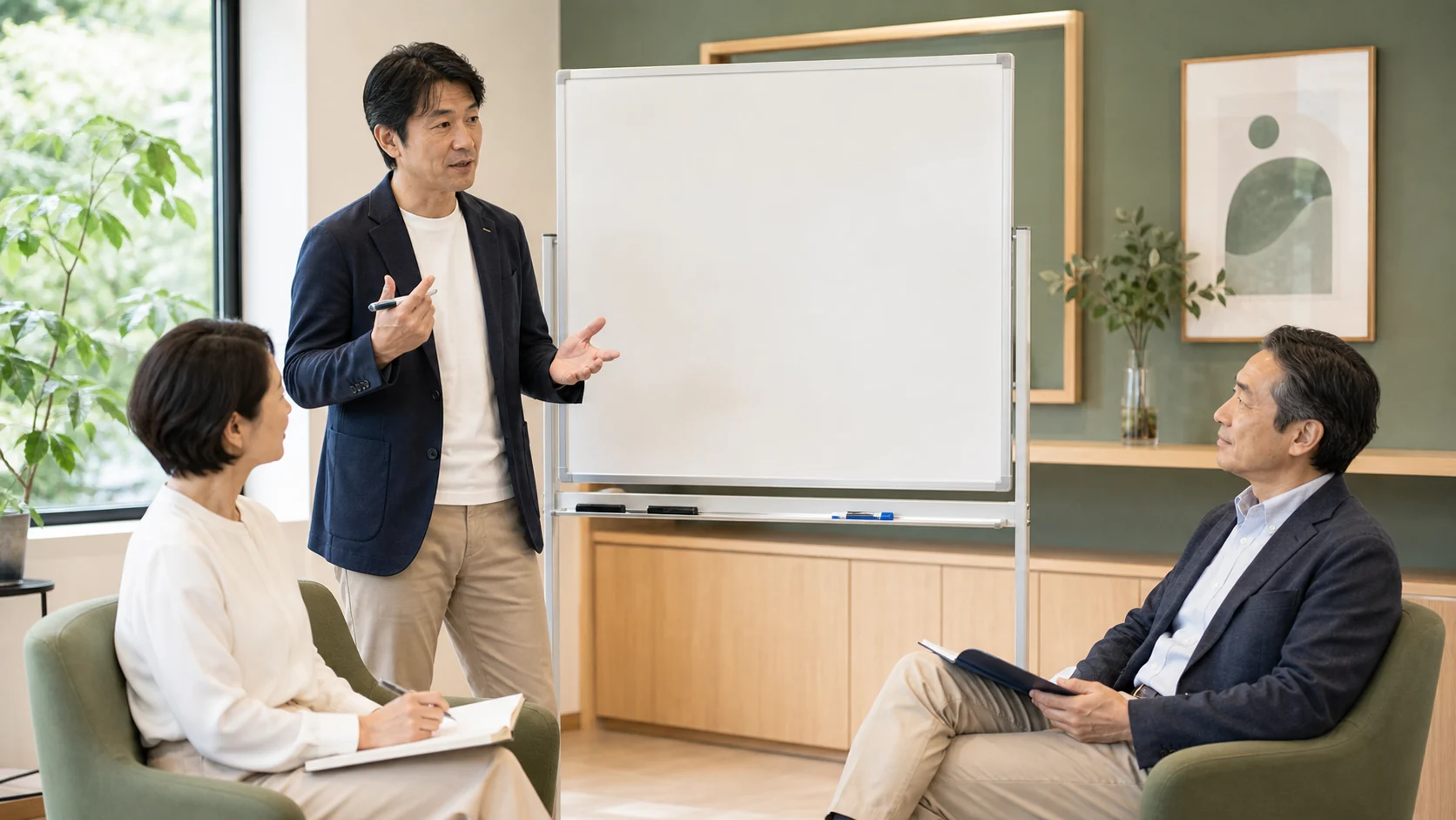 ホワイトボードを使って3人が話し合う研修のイメージ