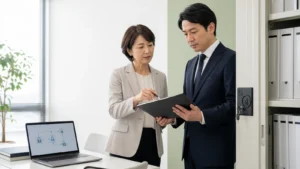 書類棚の前で二人が資料を確認する説明用イメージ
