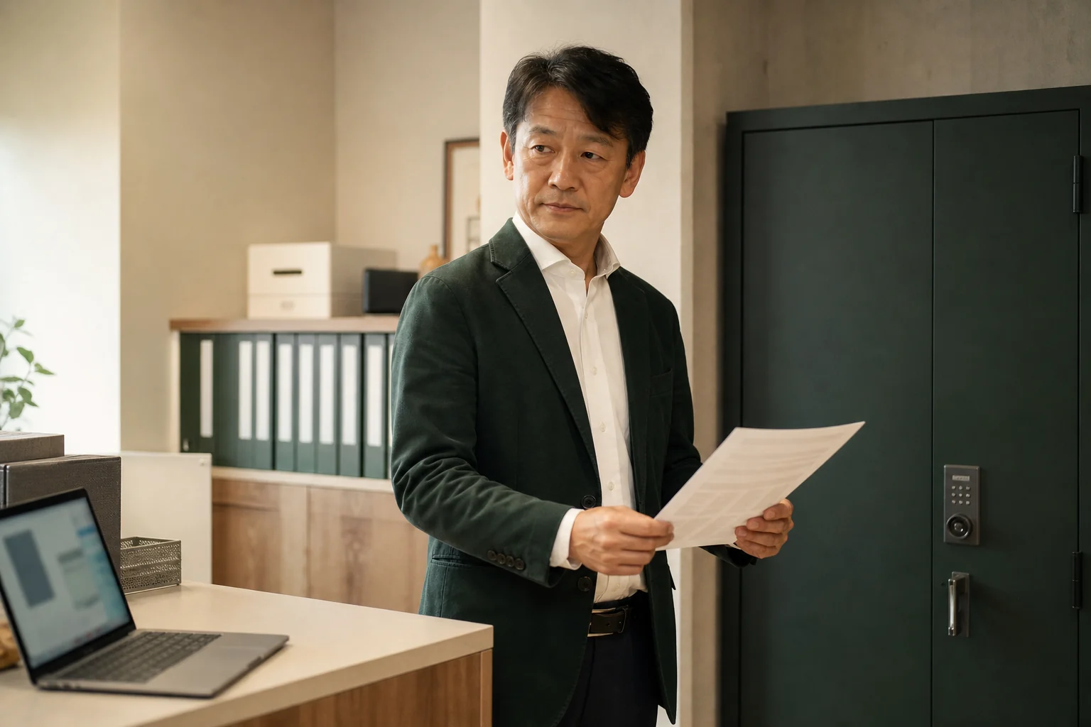 施錠式の書類保管庫のそばで資料を持つ男性のイメージ