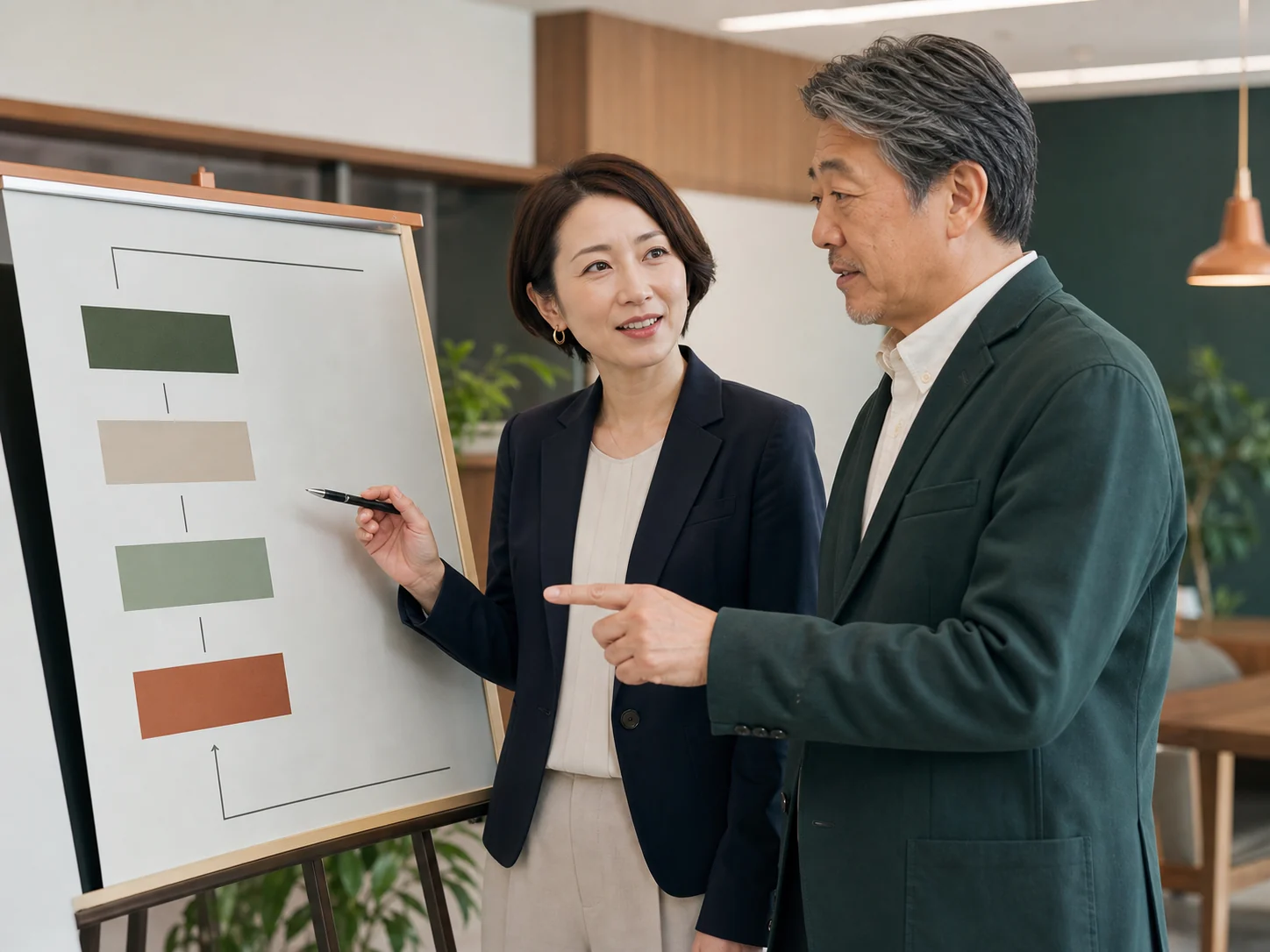 工程図を見ながら2人が話し合う事業承継のイメージ
