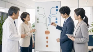 図を囲んで話し合う4人の説明用イメージ