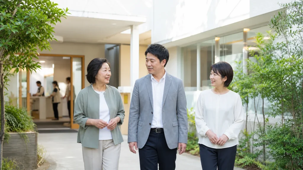 建物の中庭を歩きながら話す3人の説明用イメージ