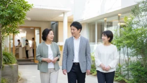 建物の中庭を歩きながら話す3人の説明用イメージ